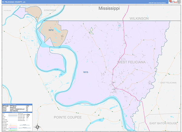 West Feliciana Parish (County), LA Wall Map Color Cast Style